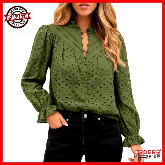 Long Sleeve Eyelet Blouse Peplum V-Neck Embroidered Cotton Button Shirt